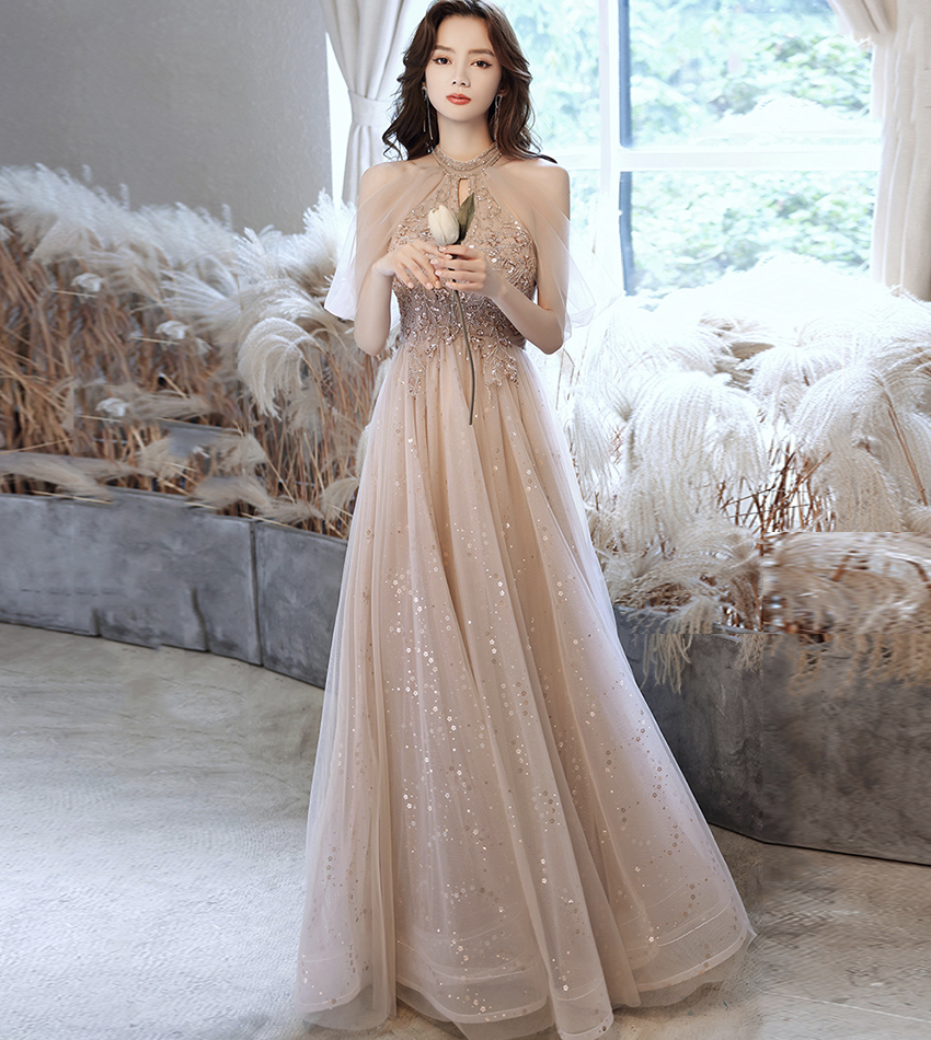 Elegant tulle beads long prom dress evening dress