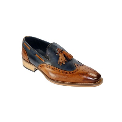Two Tone Wing Tip Brown Blue Tassel Loafer Slip On Full Brogue Toe Genuine Leather Handmade Shoes