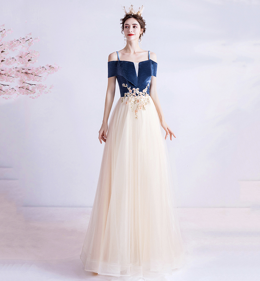 Blue velvet and champagne tulle prom dress evening dress