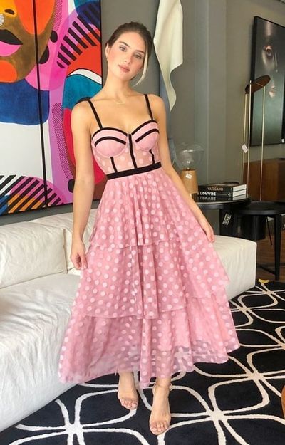 Chic A-Line Sweetheart Pink Point Tulle Tea Length Evening Dresses,Wedding Guest Party Dresses