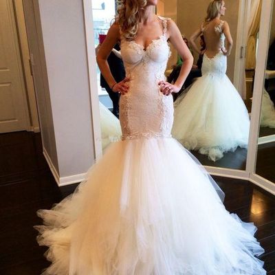 Charming mermaid v neck cap sleeves open back lace wedding dresses with tulle train - Thumbnail 2