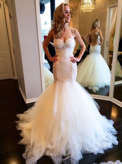 Charming Mermaid V Neck Cap Sleeves Open Back Lace Wedding Dresses with Tulle Train