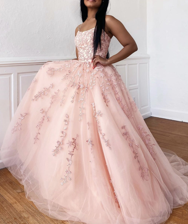 Pink tulle lace long prom dress evening dress