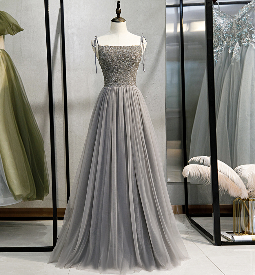 Gray tulle beads long prom gown evening dress