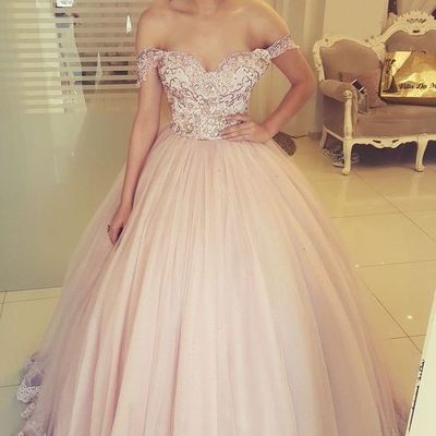 Sweet ball gown off the shoulder pink tulle prom dresses with appliques, quinceanera dresses - Thumbnail 2