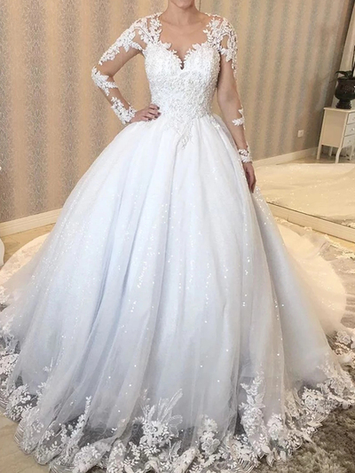 Ball Gown Sheer Neck Long Sleeve Lace Wedding Dresses,Lace Appliques Bridal Gown