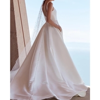 Elegant A-Line Square Neck Satin Wedding Dresses with Pockets - Thumbnail 1