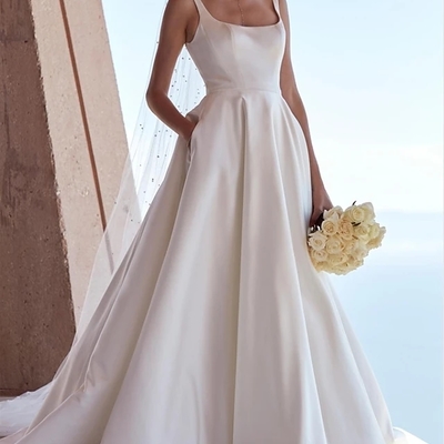 Elegant a-line square neck satin wedding dresses with pockets - Thumbnail 4