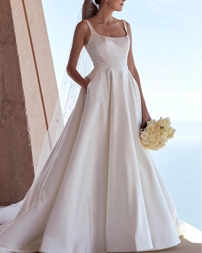 Elegant A-Line Square Neck Satin Wedding Dresses with Pockets