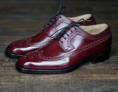 Handmade Burgundy Wing Tip Brogue Leather Lace Up Shoes,Men Shoes ,Formal Shoes