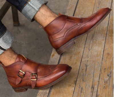 Handmade Mens wing tip brogue double monk Chukka boots, Men casual ankle boot