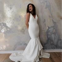 Chic Mermaid V Neck White Satin Wedding Dresses with Train - Thumbnail 1