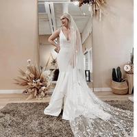 Chic Mermaid V Neck White Satin Wedding Dresses with Train - Thumbnail 2