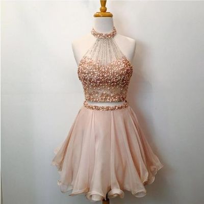 Two piece halter beaded short prom dresses,homecoming dresses - Thumbnail 4