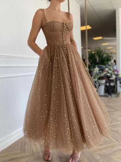 Beautiful A-Line Sweetheart Brown Tulle Ankle Length Prom Evening Dresses with Pockets