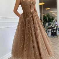 Beautiful A-Line Sweetheart Brown Tulle Ankle Length Prom Evening Dresses with Pockets - Thumbnail 1