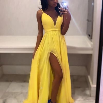 A line v neck spaghetti straps yellow chiffon prom dresses with split - Thumbnail 2