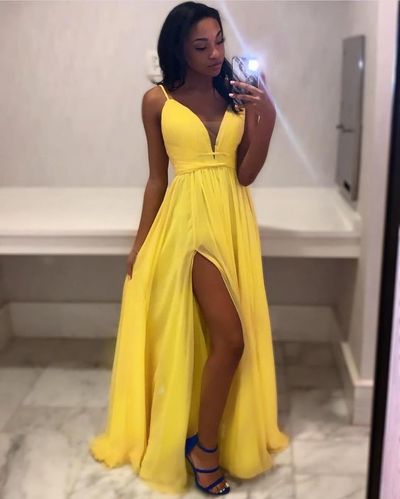 A Line V Neck Spaghetti Straps Yellow Chiffon Prom Dresses with Split