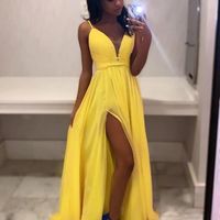 A Line V Neck Spaghetti Straps Yellow Chiffon Prom Dresses with Split - Thumbnail 1