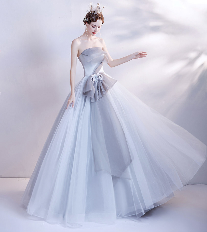 Gray tulle long prom dress gray evening dress
