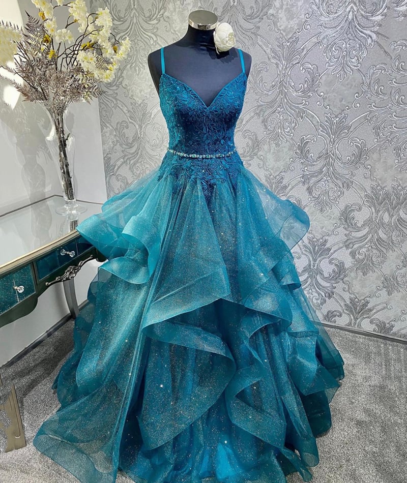 Blue tulle lace long prom gown formal dress