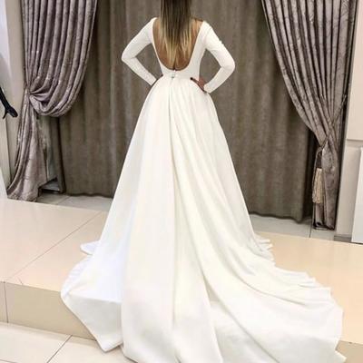 Retro ball gown round neck long sleeves white satin wedding dresses - Thumbnail 1