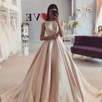 Modern Ball Gown Round Neck Champagne Blush Satin Wedding Dresses with Pockets - Thumbnail 1