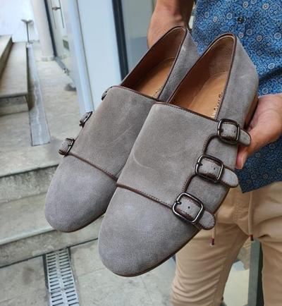 Gray Side Customize Triple Monk Strap Dress Shoes For Mens