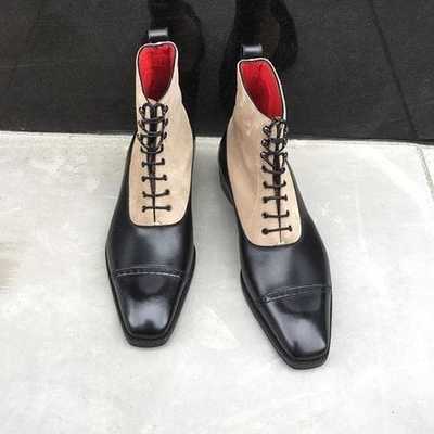 Handmade Beige & Black Leather & Suede Cap Toe Ankle Lace Up Boot,Dress Boot