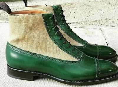 Handmade Beige & Green Leather & Fabric Cap Toe Ankle Boot,Dress Boot