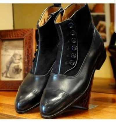 Handmade Black Cap Toe Ankle Button Top Leather & Suede Boot,Dress Boot