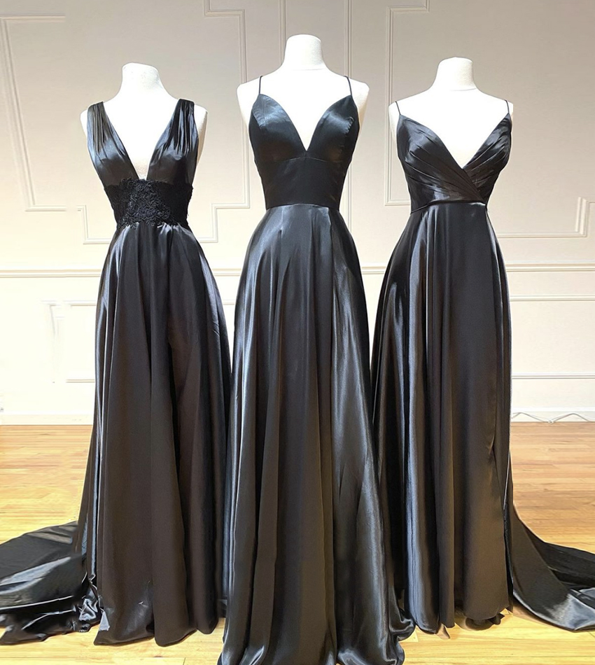Black satin long prom dress black evening dress