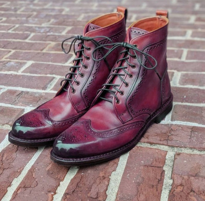 Mens Formal Wear Oxford Ankle High Burgundy Leather Lace Up Brogue Boot