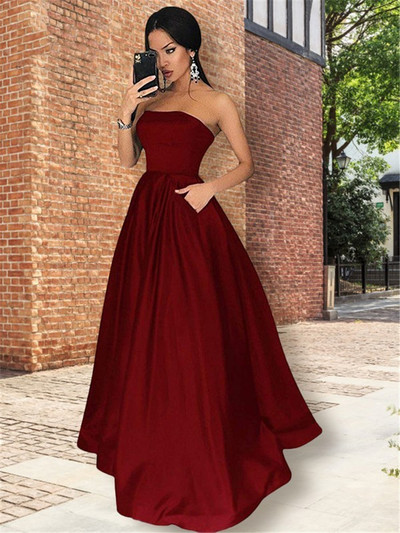 SP1362,A-Line Strapless Sleeveless Floor-Length With Ruffles Satin Dresses