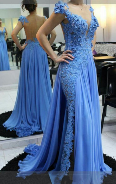 SP1368,Classic Blue Applique Beaded Prom Dresses,Lace Mermaid Long Party Formal Dress with Chiffon Sash