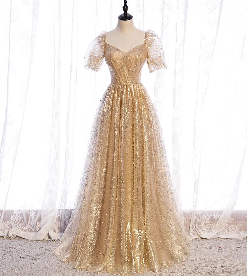Gold tulle sequins long prom dress evening dress