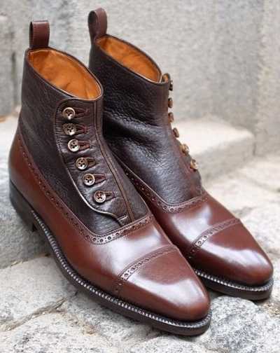 Handmade Brown Leather Cap Toe Ankle Button Top Dress Boot,Men's Boot