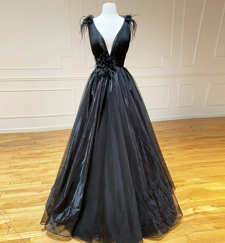 Black v neck tulle long prom dress evening dress