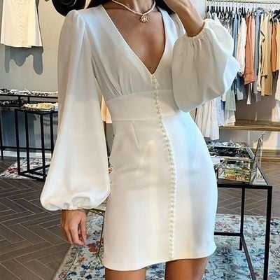 Deep v neck long sleeve length mini evening party dress - Thumbnail 5