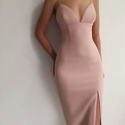 Sexy mermaid v neck spaghetti straps blush satin midi christmas party dresses,evening party dresses - Thumbnail 4