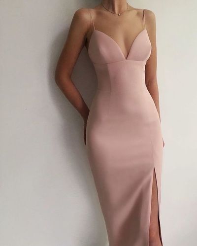 Sexy Mermaid V Neck Spaghetti Straps Blush Satin Midi Christmas Party Dresses,Evening Party Dresses