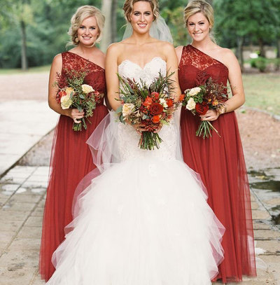 One Shoulder Burnt Orange Bridesmaid Dresses with Lace