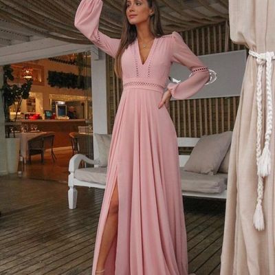 V neck long sleeves pink holiday dress with appliques, split evening party dress - Thumbnail 3