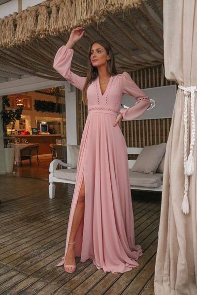 V Neck Long Sleeves Pink Holiday Dress with Appliques, Split Evening Party Dress