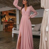 V Neck Long Sleeves Pink Holiday Dress with Appliques, Split Evening Party Dress - Thumbnail 1