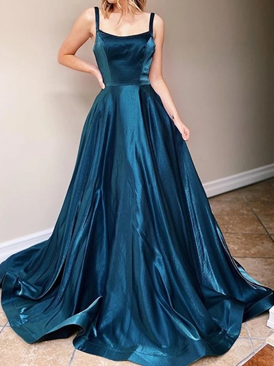 Elegant A-Line Scoop Neck Dark Emerald Green Satin Long Prom Evening Dresses,Formal Party Dresses