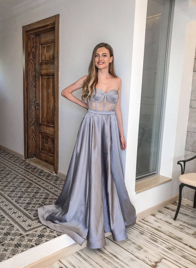 Gray satin long prom dress sweetheart neck evening dress