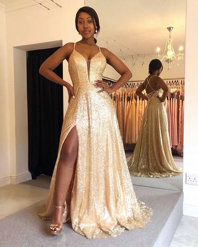 Sparkly Gold Sequins V Neck Split Prom Dresses
