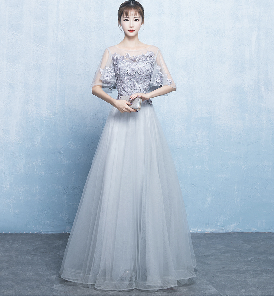 Gray tulle lace long prom dress evening dress