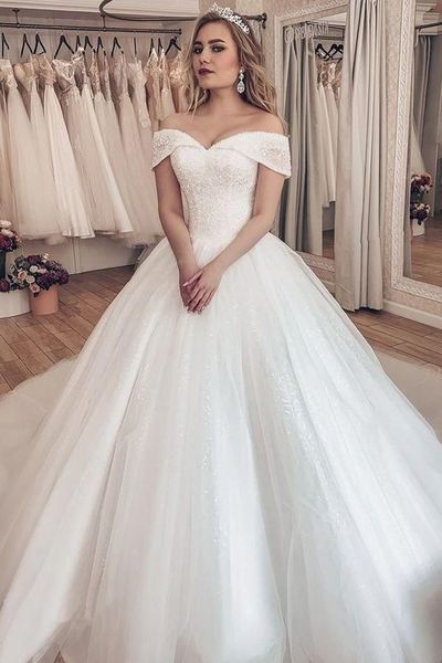 Ball Gown Off the Shoulder White Tulle Beaded Wedding Dresses 2021